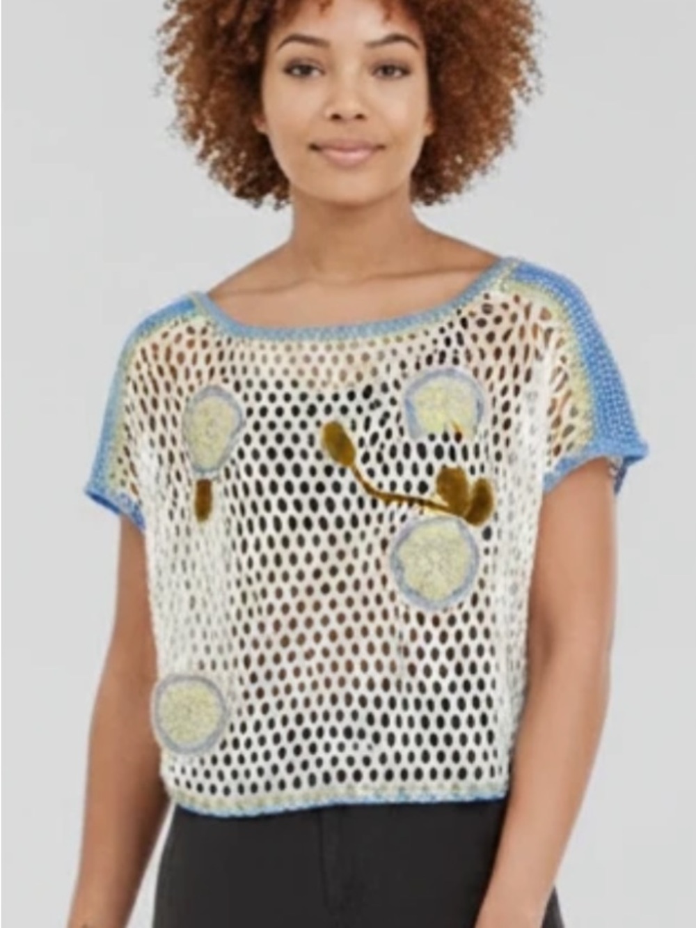 Mystree White Crochet Mesh Crop Top with Blue Trim